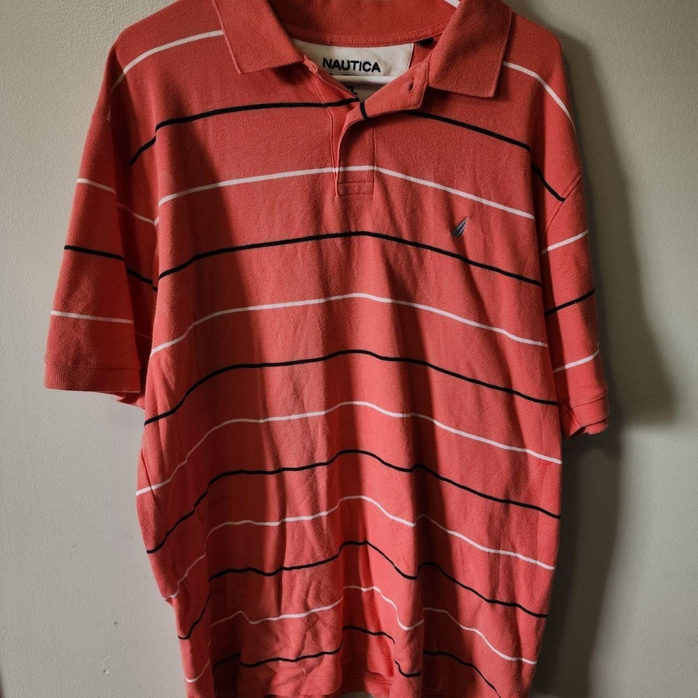 Nautica Striped Polo Shirt Coral Red Short Sleeve Collared Shirt xl